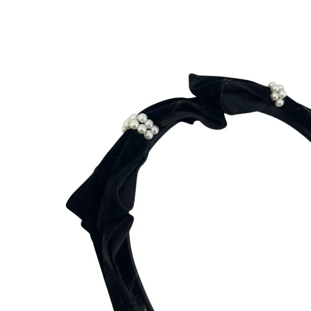 Black Velvet Bow Headband Pearl Embellished Feminine Coquette Hair Accessory